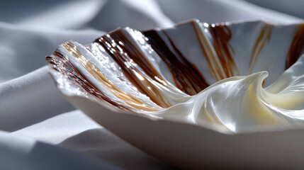 An elegantly sculpted dessert bowl displays rich creamy swirls with glossy highlights that invite indulgence, emphasizing artistry and texture in culinary presentation.
