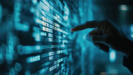 Human hand interacting with digital display of binary code and information. - Powered by Adobe