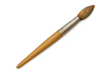 Paintbrush with wooden handle and multicolored bristles on transparent background