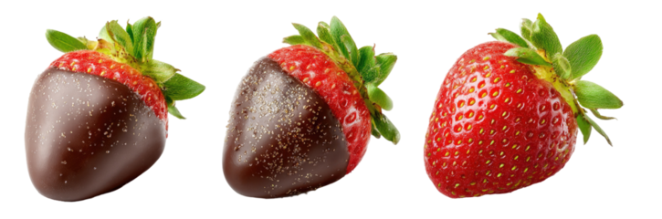 Three strawberries, each dipped in dark chocolate