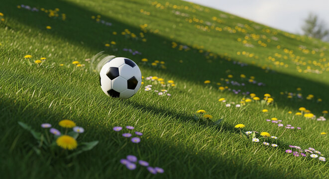 A soccer ball is captured in motion, rolling down a lush green hill covered in wildflowers. The image conveys a sense of dynamic energy, freedom, and playfulness