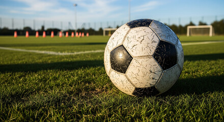 Fototapeta premium A close-up shot of a classic soccer ball on the corner of a green grass field. The soft, late afternoon sunlight illuminates the ball and the texture of the grass. In the blurred background, a goal