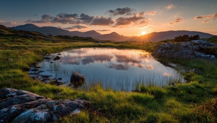 Sunset reflection in mountain pool, idyllic landscape, serene nature scene, travel poster