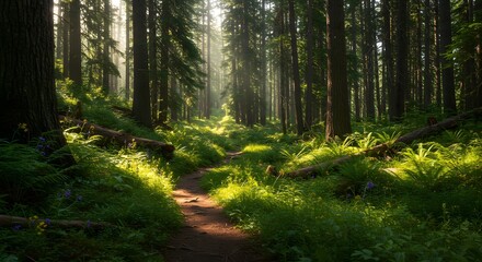 Obraz premium A sunlit path winding through a dense forest with tall trees and lush green undergrowth on a bright day
