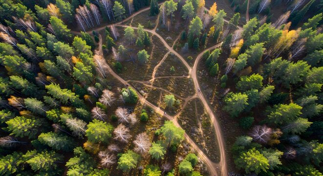 Aerial view of a forest with intersecting dirt paths and trees in varying shades of green and yellow