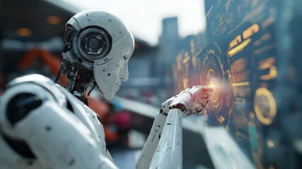 Futuristic humanoid robot interacting with digital screen artificial intelligence concept advanced technology innovation cybernetic machine using holographic interface in modern city background - Powered by Adobe