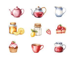 Watercolor breakfast tea collection. Watercolor sweet treats with dessert and beverage tea set.