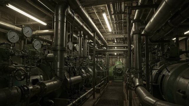 A shot of a vintage boiler room with many gauges and pipes