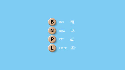 BNPL, Buy Now Pay Later concept. wooden cube with icons of BNPL with online shopping icons technology. BNPL buy now pay later online shopping concept.