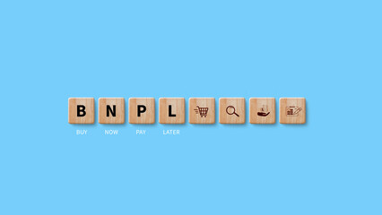 BNPL, Buy Now Pay Later concept. wooden cube with icons of BNPL with online shopping icons technology. BNPL buy now pay later online shopping concept.