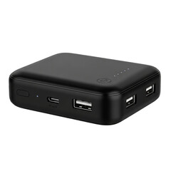 A close up of a black power bank showing multiple usb ports and battery indicator lights on top surface on transparent background