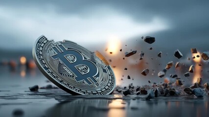 Bitcoin coin in dramatic explosion concept of cryptocurrency market crash digital currency collapse financial risk blockchain volatility and economic crisis symbol in futuristic background - Powered by Adobe