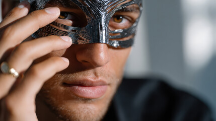 In this image, a man is seen adjusting a glossy black mask, showcasing thoughtful reflection and emotional depth linked to identity and self-presentation in social settings.