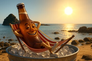 Anthropomorphic beer bottle relaxing in a hammock with ice bucket at the beach