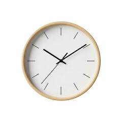 Isolated close up of a round wall clock with a light wood frame and white face on a  on transparent background