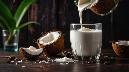 Pouring vegan coconut milk into glass with fresh coconuts on rustic wooden table