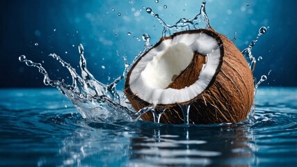 Fresh coconut splashing into water creating refreshing splashes