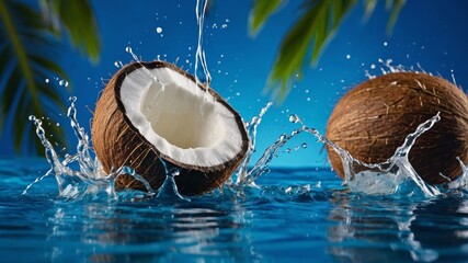 Fresh coconuts splashing in tropical blue water