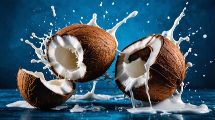 Cracked coconuts splashing with milk on blue background