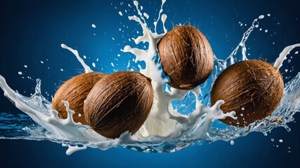 Coconuts splashing in milk making a big splash on blue background