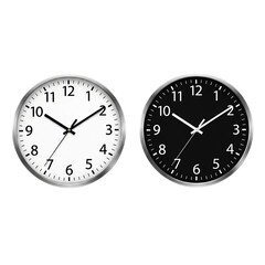 Two round clocks one white and one black with silver frames showing different times on  on transparent background