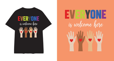 Everyone is welcome here diverse hands with hearts and colorful text promoting inclusivity and acceptance