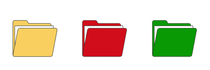 Three colorful folders with documents for organization and filing concept on transparent background