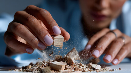 A focused shot of hands breaking wooden chunks, creating a whirlwind of dust and splinters, emphasizing the raw energy and creative process in crafting with natural materials.