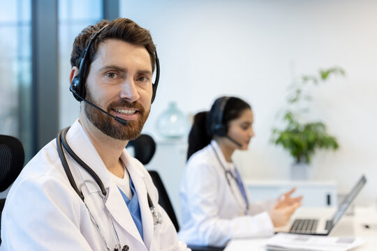 Medical professionals using headsets at a healthcare office - Powered by Adobe