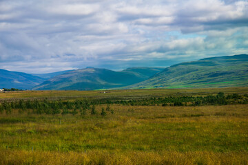 Naklejka premium Green Icelandic Valley with Mountains and Cloudy Sky
