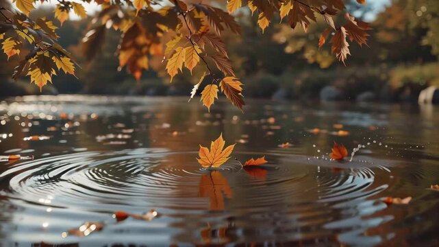 pond close-up autumn branch leaves drops september