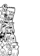 Hand-drawn illustrations, monsters doodle, Hand Drawn cartoon monster illustration,Cartoon crowd doodle hand-drawn Doodle style.black and white stripes coloring  book.