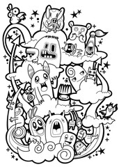 Hand-drawn illustrations, monsters doodle, Hand Drawn cartoon monster illustration,Cartoon crowd doodle hand-drawn Doodle style.black and white stripes coloring  book.