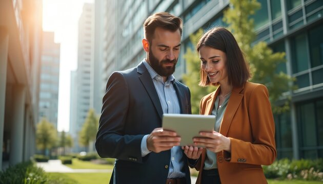 Man, woman professionals collaborate outdoors on tablet, discussing project details near modern office buildings. They appear happy, engaged, showcasing teamwork, technology in corporate setting.