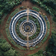 Aerial View of Circular Stone Garden in Lush Green Setting