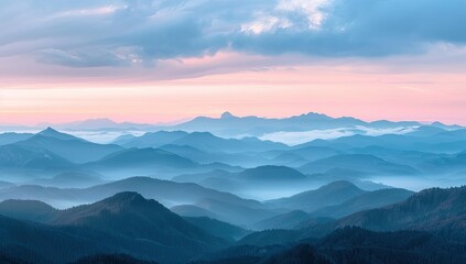 Majestic sunrise over layered mountains, peaceful valley, scenic view, travel poster