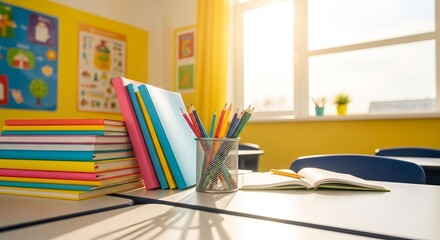 Colorful school supplies arranged in a bright classroom during morning light