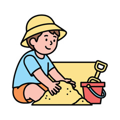 Happy child playing in the sand with bucket and shovel