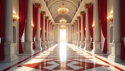 Obraz premium Elegant venue hallway with grand columns, red curtains, featuring ornate chandeliers, sunlit doorway. Marble floor with red geometric pattern. Ideal for award ceremonies, galas, luxury event