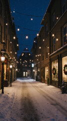 Fototapeta premium Festive snowy street lined with glowing lights, decorated shop windows, and wreaths; night scene, no one in sight