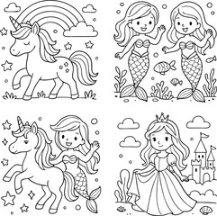 Beautiful mermaid in sea. Coloring book page. Princess doodle. Sea creatures drawing