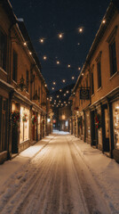 Naklejka premium Festive snowy street lined with glowing lights, decorated shop windows, and wreaths; night scene, no one in sight