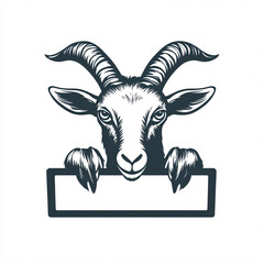 Goat Holding Blank Sign Vector Illustration Logo Icon Monochromatic Design