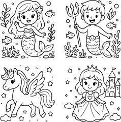 Beautiful mermaid in sea. Coloring book page. Princess doodle. Sea creatures drawing