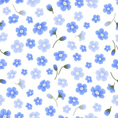 Blue forget-me-nots,floral seamless pattern, hand-drawn watercolor digital illustration in flat naive style, isolated. Element for design
