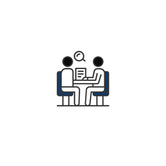 Two people discussing a document with a magnifying glass icon