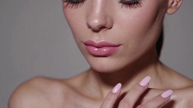Woman shows off elegant pink nail design while demonstrating makeup application