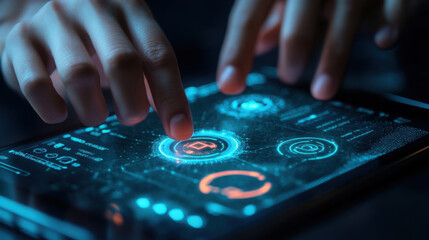 Fingers interacting with a futuristic interface on a tablet with glowing neon graphics and icons