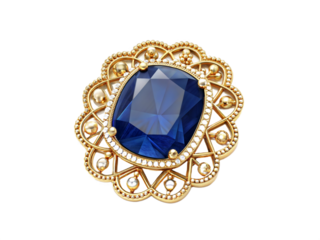Ornate Sapphire and Gold Brooch isolated on a transparent background
