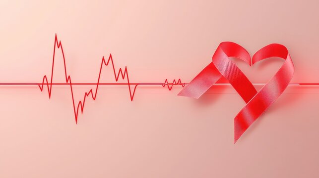 Bright red ribbon heart shape gently flowing with medical pulse on clear background, symbolizing global health disease prevention and aging awareness, vital care for healthy future. - Powered by Adobe